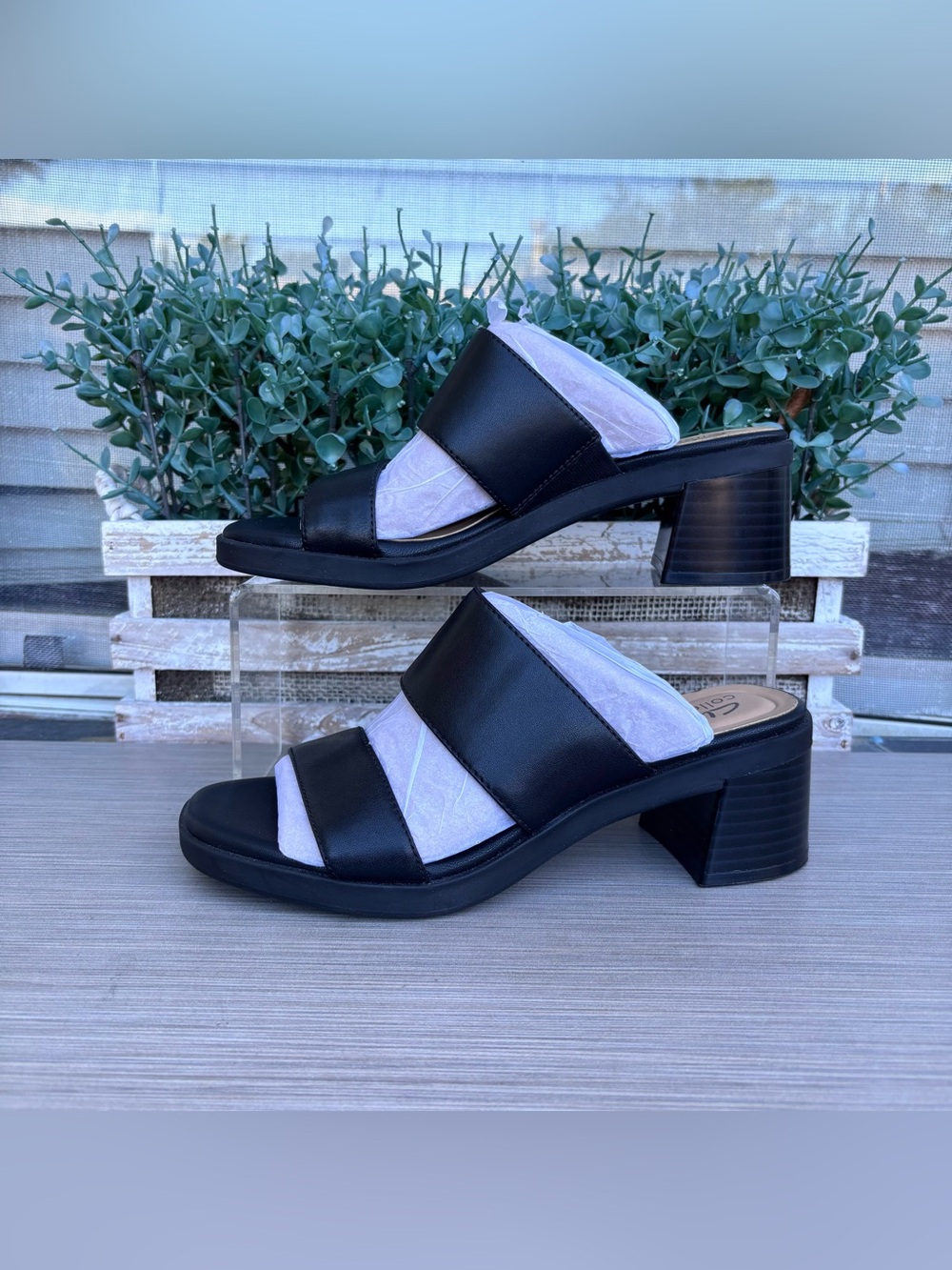 Clarks Jaylan Dusk Black Leather Womens Block Heel Sandals Slip On